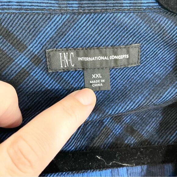 INC Men's Blue Plaid Button Down with Leather Accents Size XXL - Picture 4 of 14